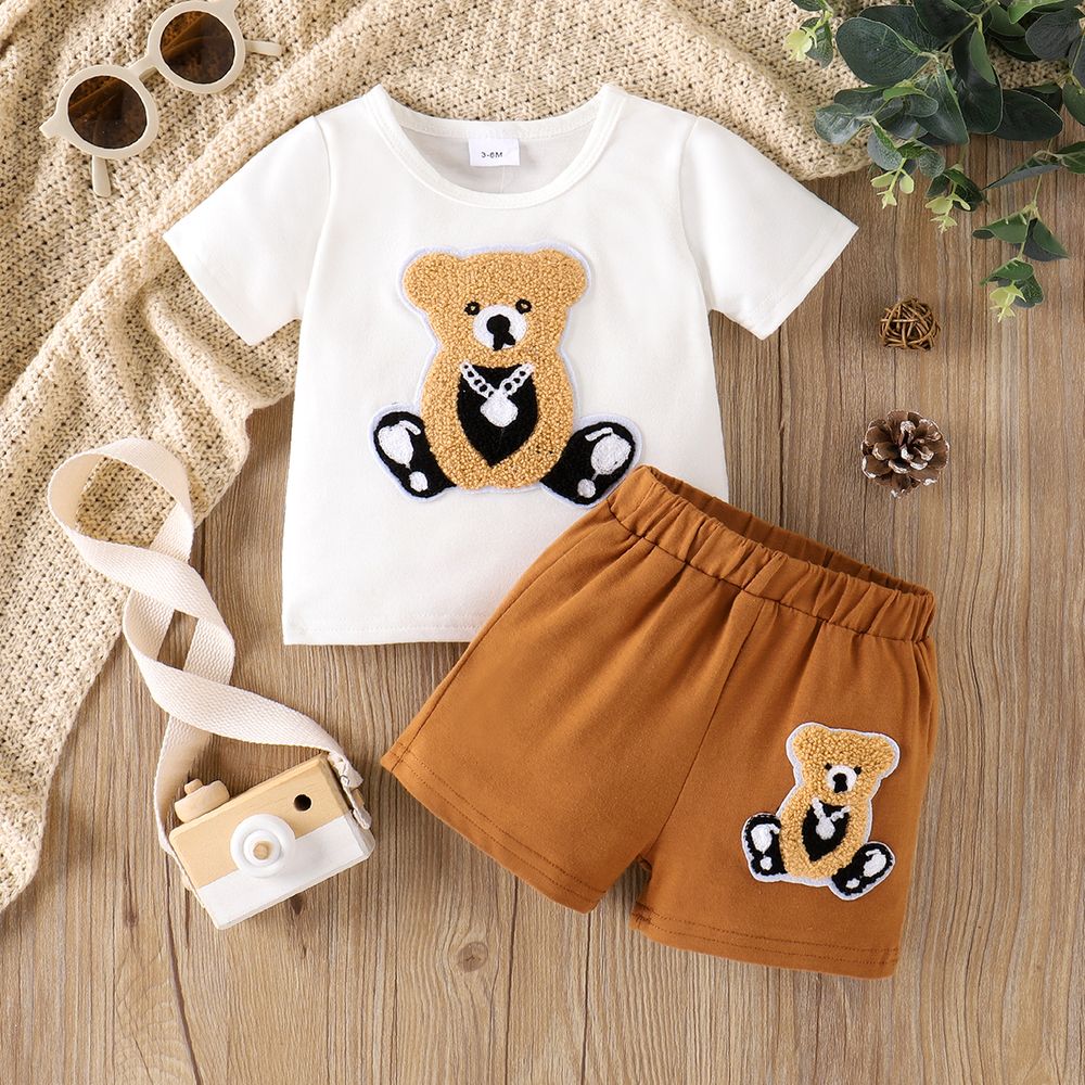 2pcs Baby Boy 95% Cotton Short-sleeve Bear Embroidered Tee & Shorts Set Brown big image 1