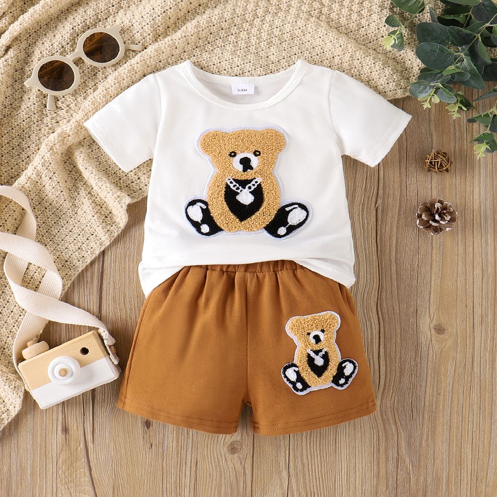 2pcs Baby Boy 95% Cotton Short-sleeve Bear Embroidered Tee & Shorts Set Brown big image 3