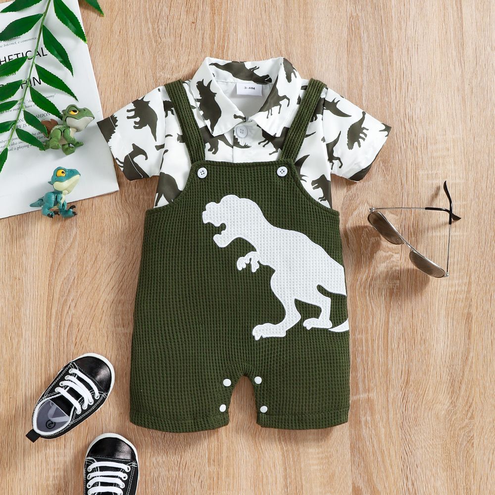 2pcs Baby Boy Allover Dinosaur Print Short-sleeve Romper and Waffle Overalls Shorts Set Army green big image 3