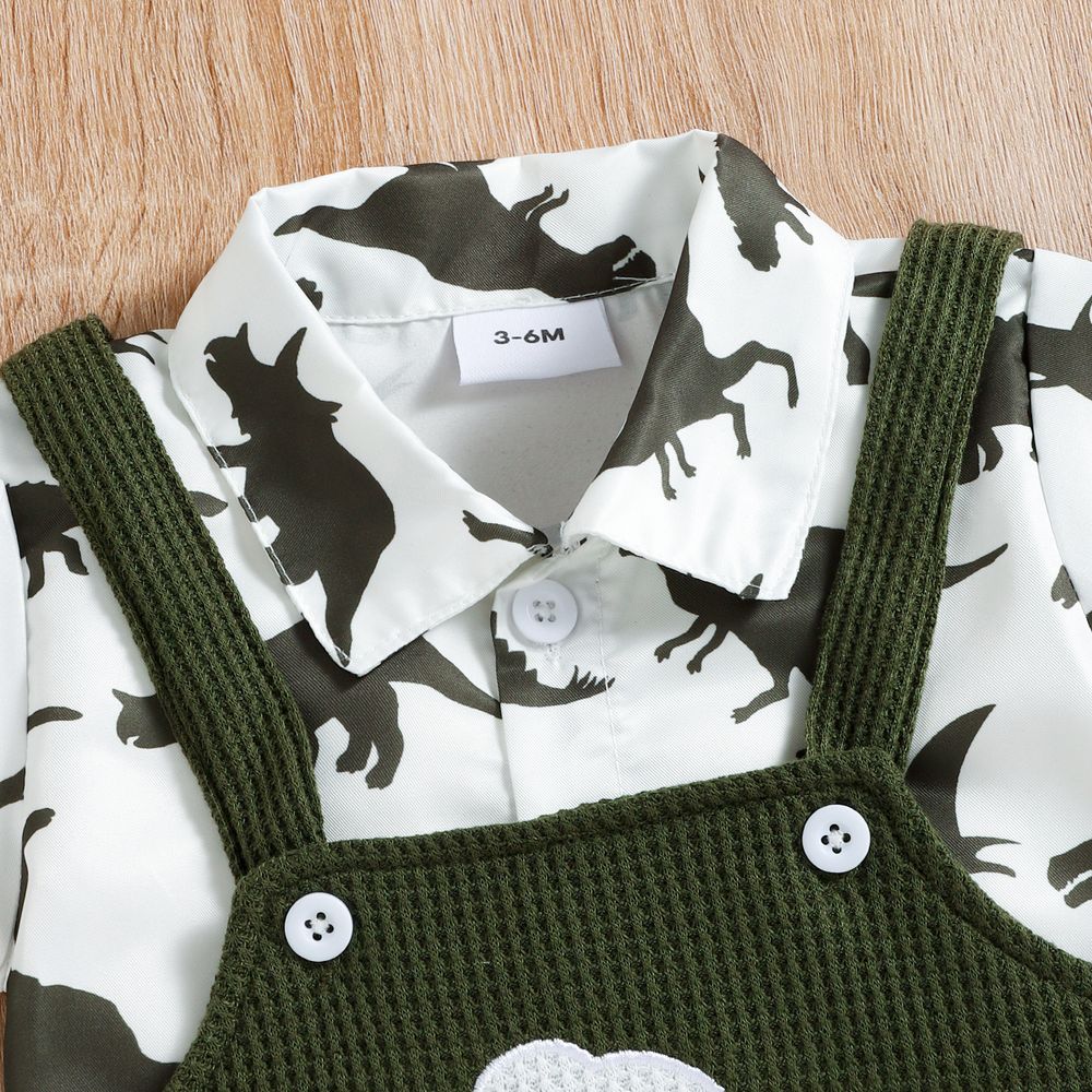 2pcs Baby Boy Allover Dinosaur Print Short-sleeve Romper and Waffle Overalls Shorts Set Army green big image 4