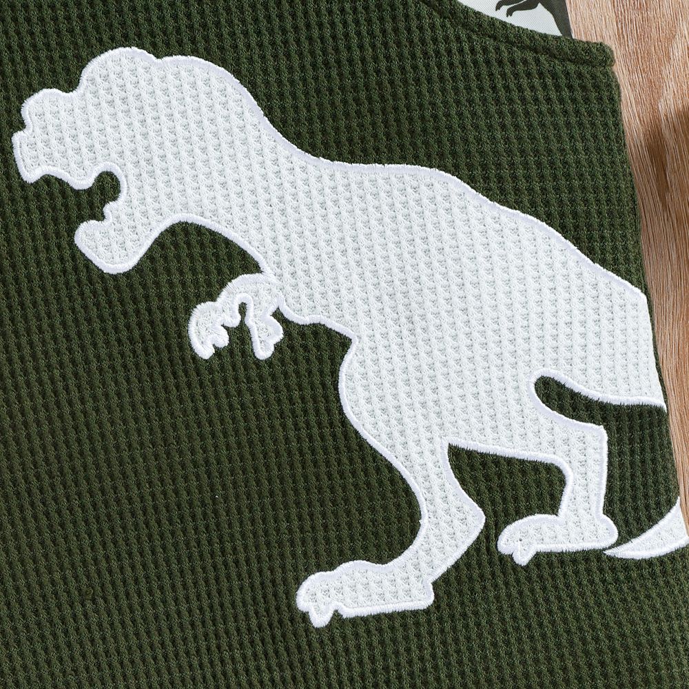 2pcs Baby Boy Allover Dinosaur Print Short-sleeve Romper and Waffle Overalls Shorts Set Army green big image 5