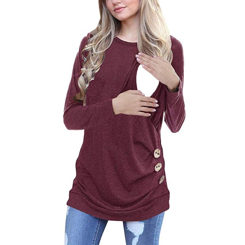 Casual Button Decor Long-sleeve Nursing Tee Burgundy big image 1