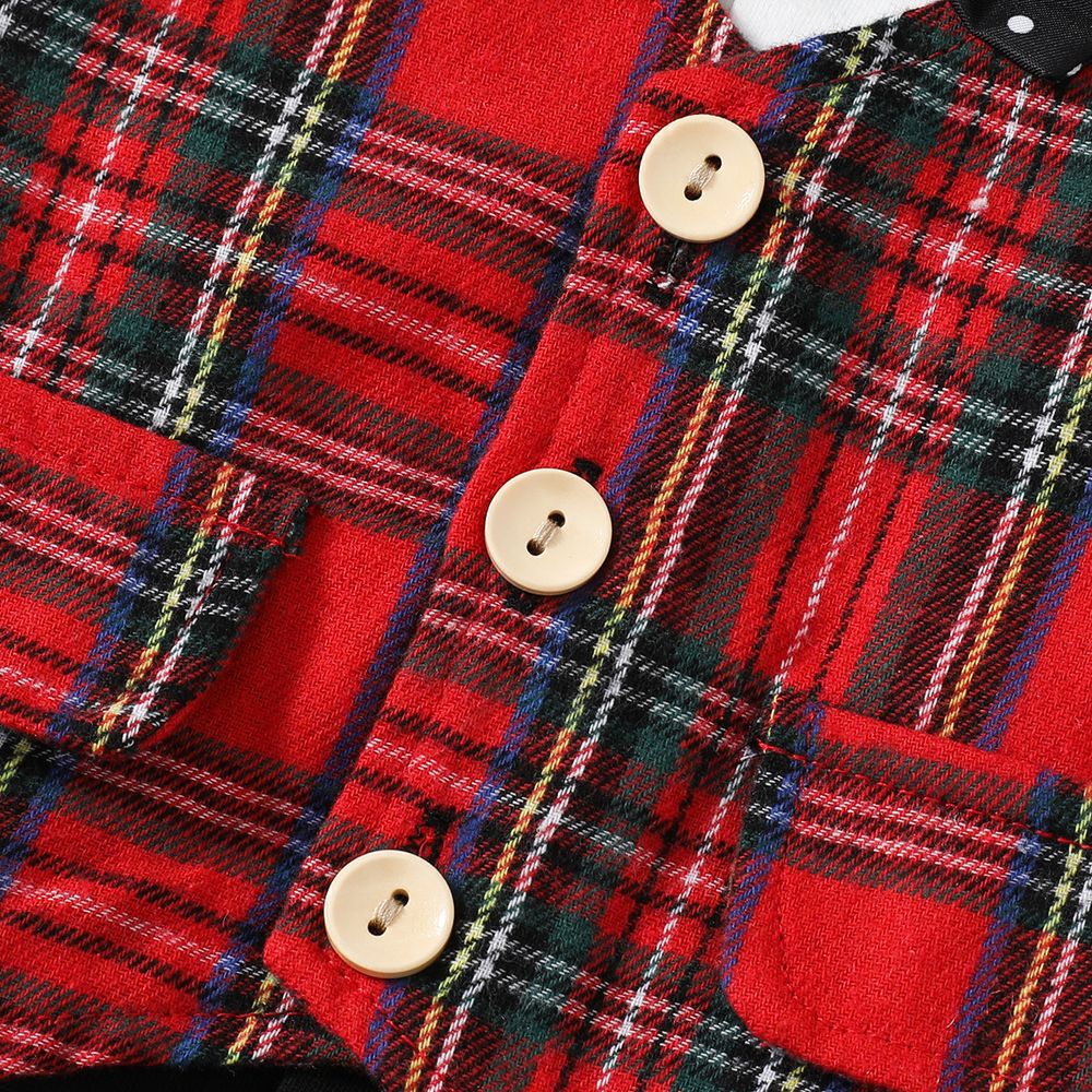 2pcs Baby Boy 95% Cotton Long-sleeve Plaid Spliced Gentleman Romper & Hat Set Red big image 6