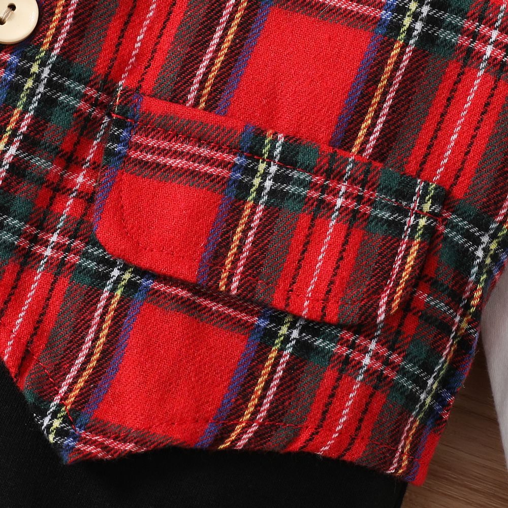 2pcs Baby Boy 95% Cotton Long-sleeve Plaid Spliced Gentleman Romper & Hat Set Red big image 7