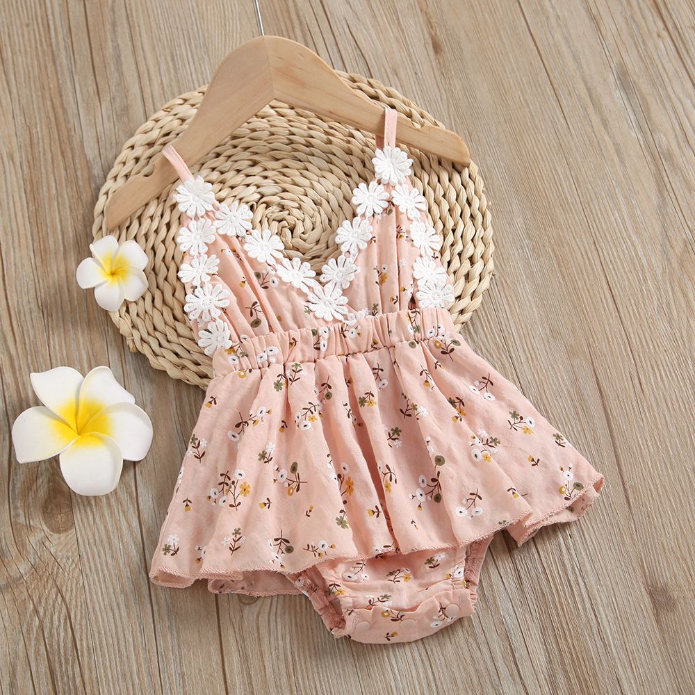 100% Cotton Floral Print Daisy Baby Sling Romper Dress Pink big image 1