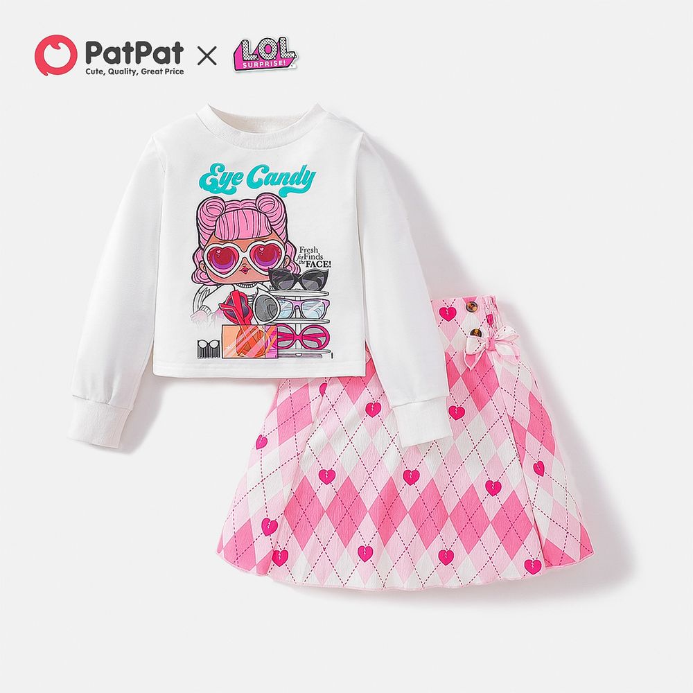 L.O.L. SURPRISE! 2pcs Kid Girl Letter Print Sweatshirt and Plaid/Pink BowDesign Smocked Skirt Set White big image 1