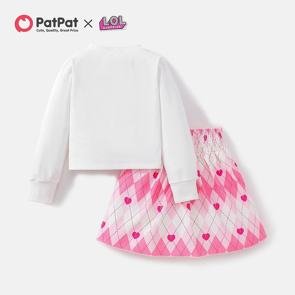 L.O.L. SURPRISE! 2pcs Kid Girl Letter Print Sweatshirt and Plaid/Pink BowDesign Smocked Skirt Set White big image 2