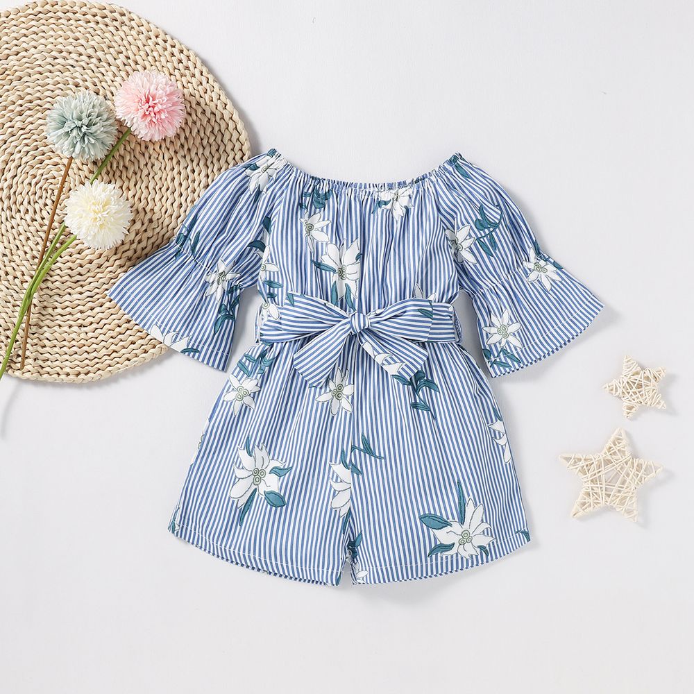 Baby / Toddler Floral Print Striped Off Shoulder Onesies Light Blue big image 1