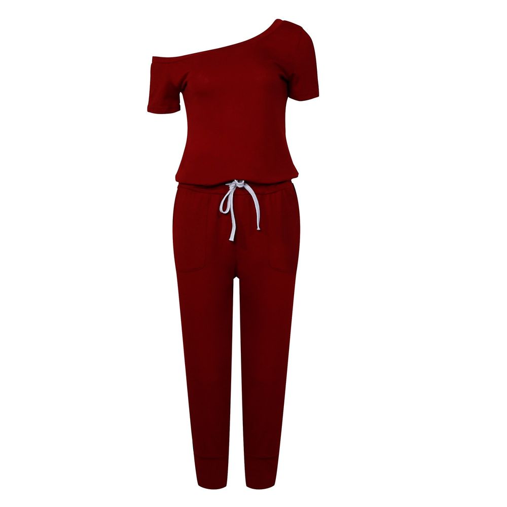 casuale tuta spalla off solido Bordeaux big image 1
