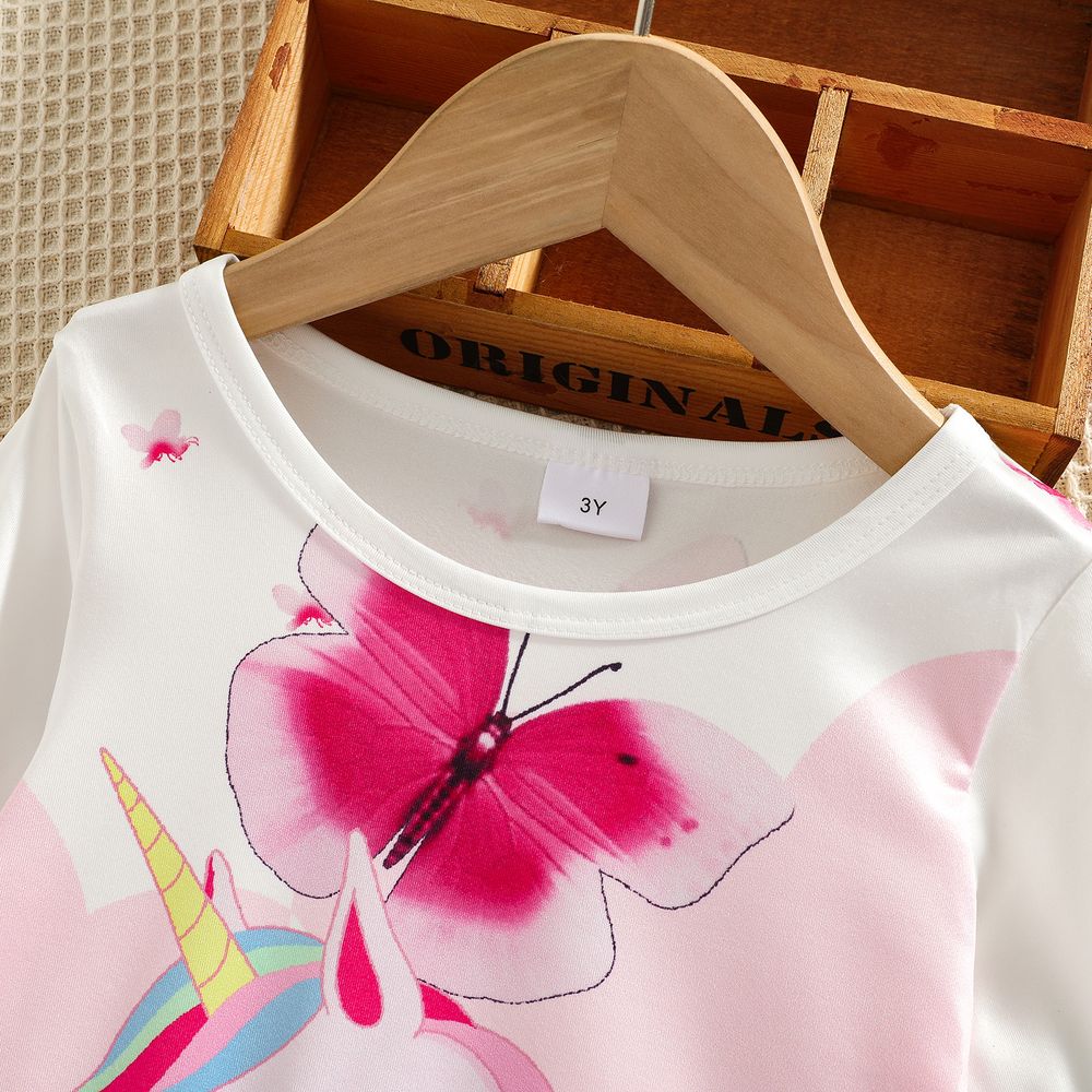Toddler Girl Animal Unicorn Butterfly Print Long-sleeve Dress White big image 2