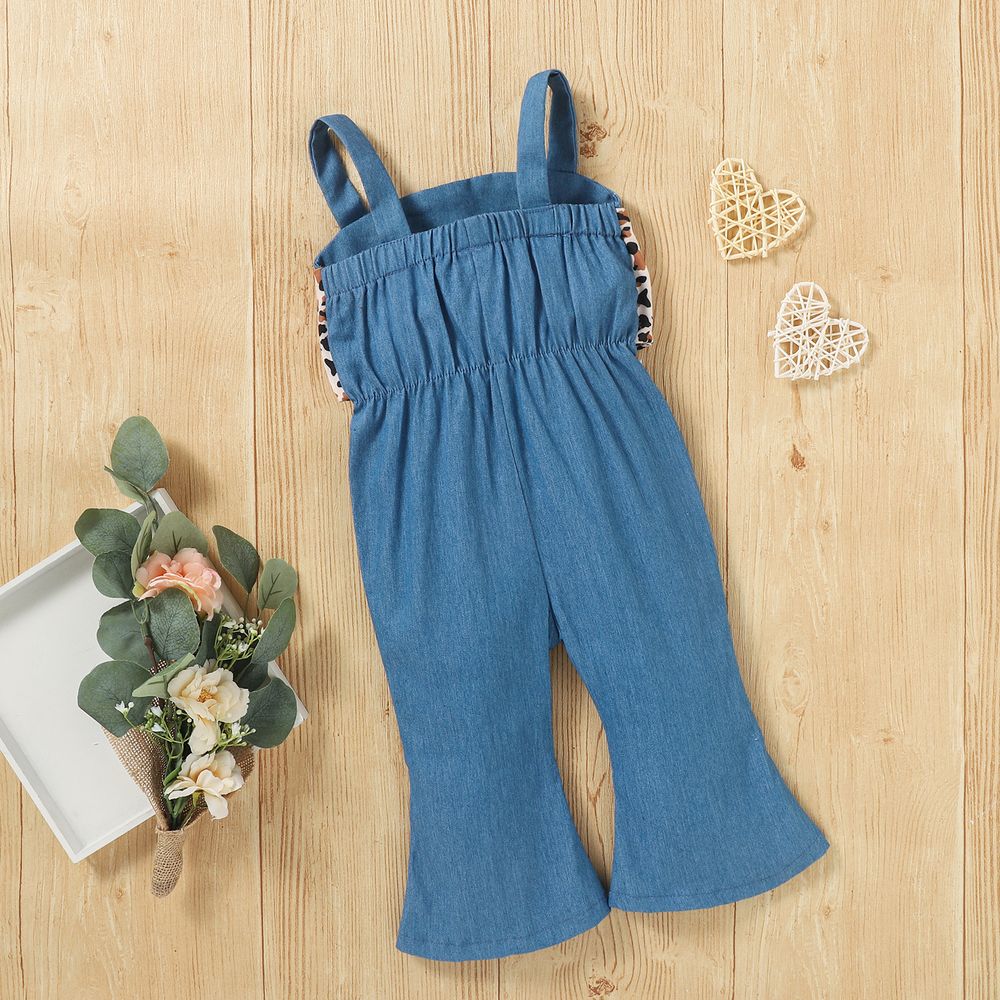 Denim Leopard Print Bow Decor Sleeveless Baby Overalls Blue big image 6