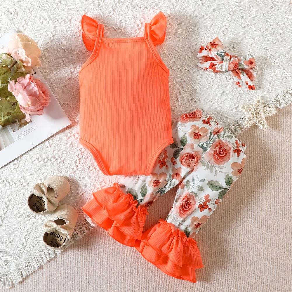 3 unidades Bebé Chica Dobladillo fruncido Flor grande Dulce Camiseta sin mangas Conjuntos de bebé polvo de color naranja big image 2