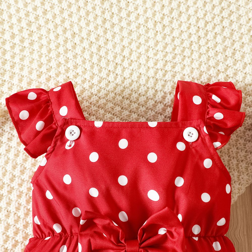 Baby Girl Allover Polka Dots Bow Front Ruffled Romper Shorts Red big image 5