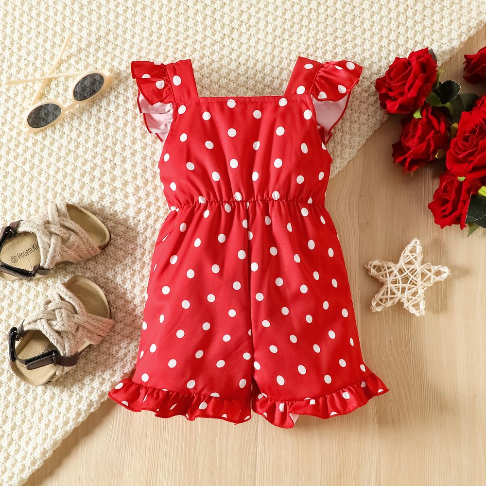 Baby Girl Allover Polka Dots Bow Front Ruffled Romper Shorts Red big image 2