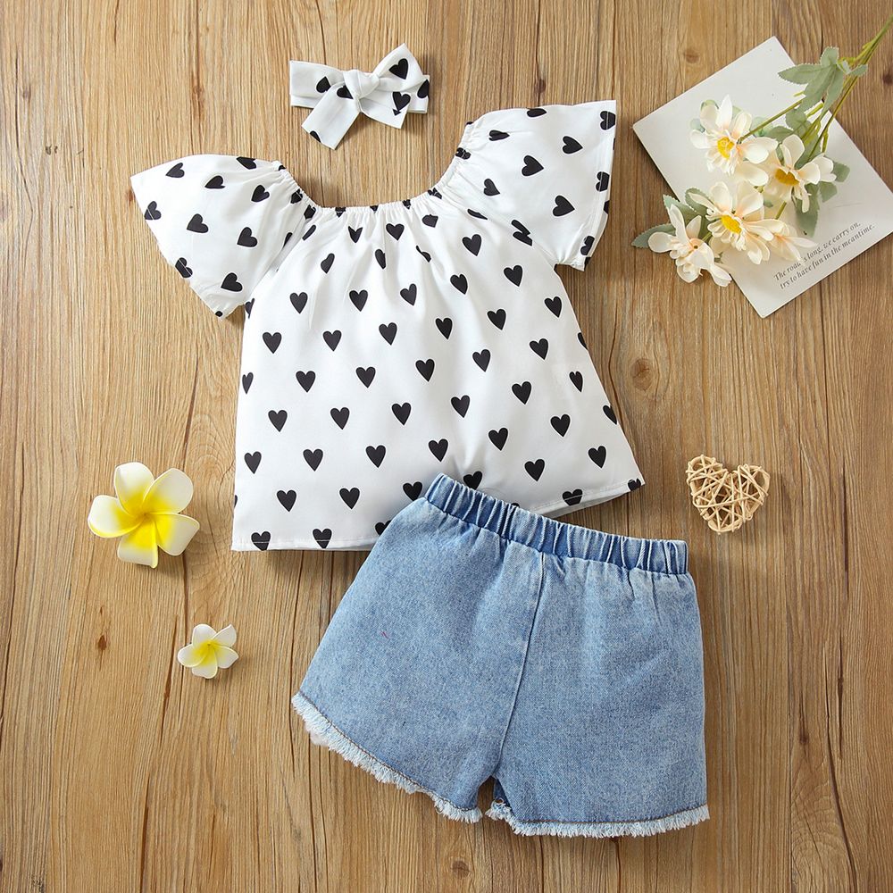 3pcs Toddler Girl Heart Print Short-sleeve Blouse and Denim Shorts & Headband Set White big image 2