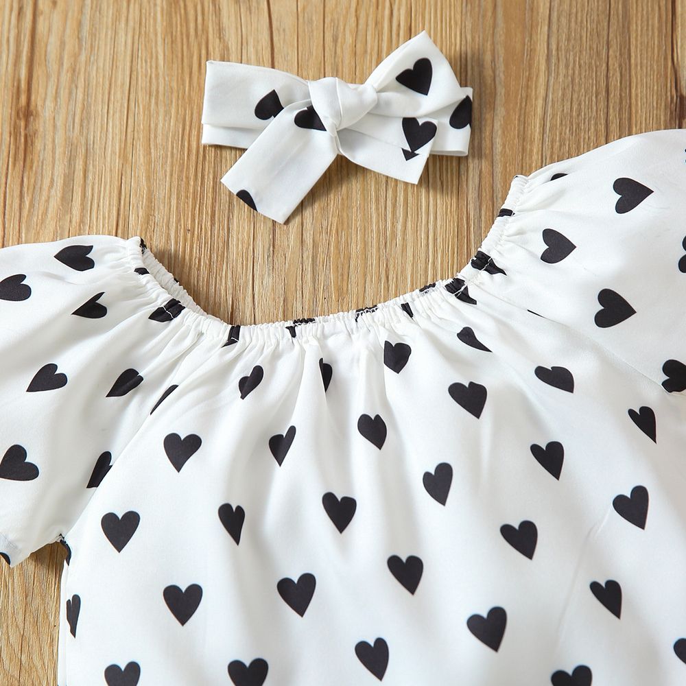 3pcs Toddler Girl Heart Print Short-sleeve Blouse and Denim Shorts & Headband Set White big image 3