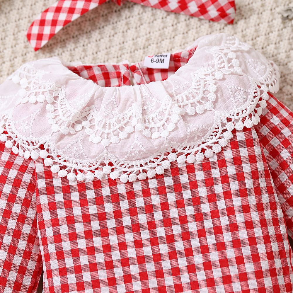 2pcs Baby Girl Lace Collar Gingham Pattern Long-sleeve Romper & Headband Set Red big image 4