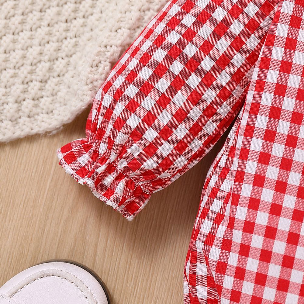 2pcs Baby Girl Lace Collar Gingham Pattern Long-sleeve Romper & Headband Set Red big image 5
