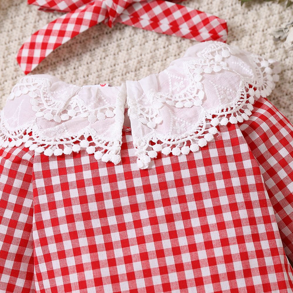 2pcs Baby Girl Lace Collar Gingham Pattern Long-sleeve Romper & Headband Set Red big image 8