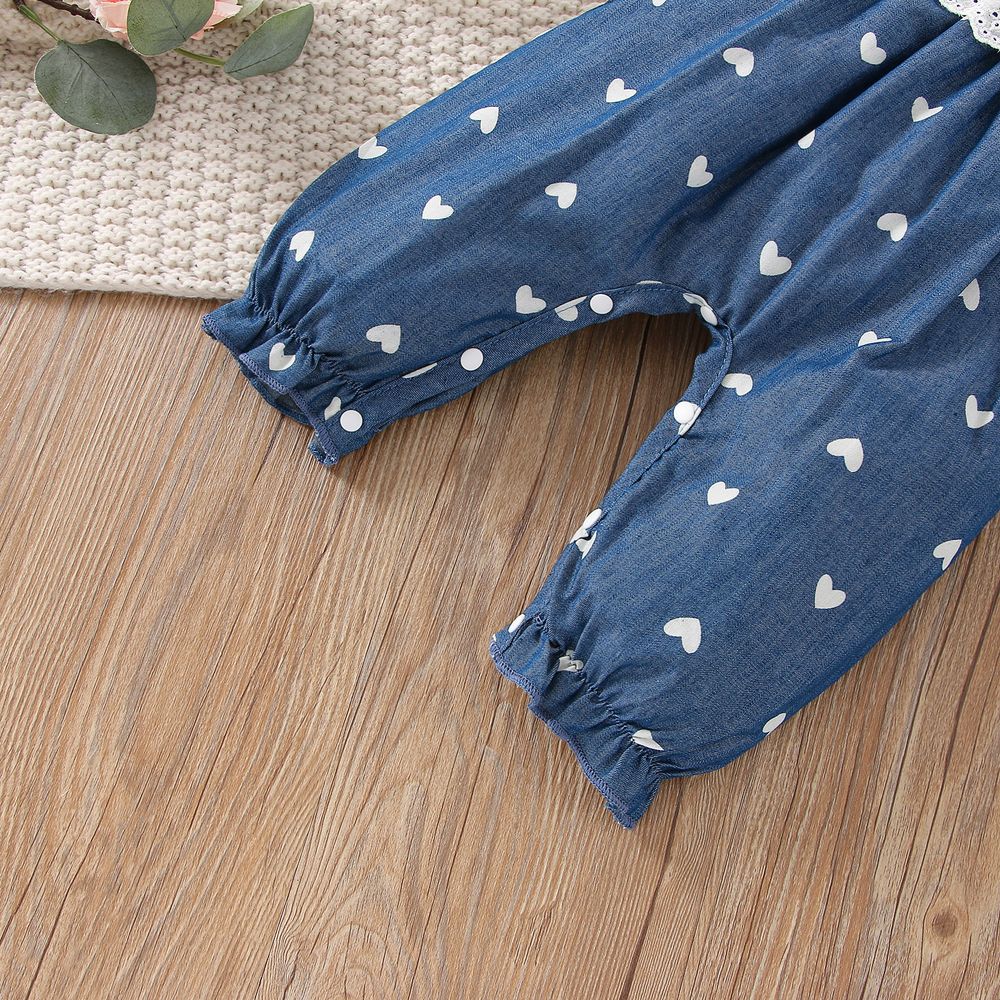 Baby Girl Allover Heart Print Lace Detail Imitation Denim Overalls DENIMBLUE big image 4