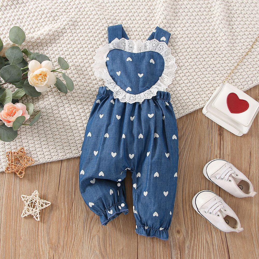 Baby Girl Allover Heart Print Lace Detail Imitation Denim Overalls DENIMBLUE big image 1