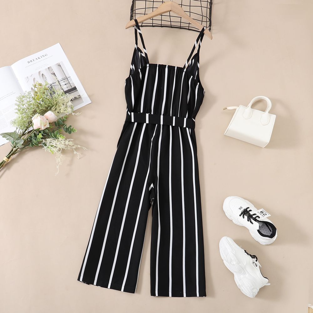 Kid Girl Stripe Surplice Neck Belted Cami Jumpsuits Black big image 2