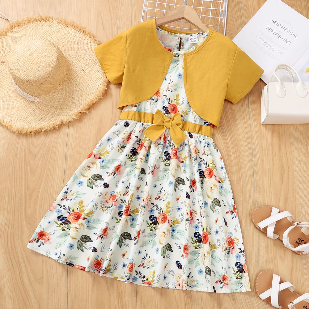 2-piece Kid Girl Floral Print Bowknot Design Sleeveless Dress and Cardigan Set Yellow big image 1
