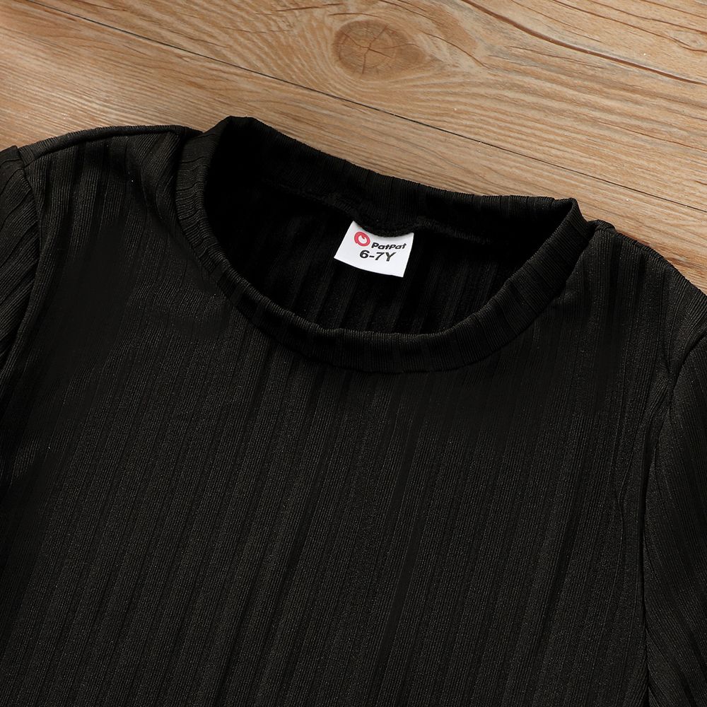 Kid Girl Solid Color Ribbed Lettuce Trim Short-sleeve Tee Black big image 3