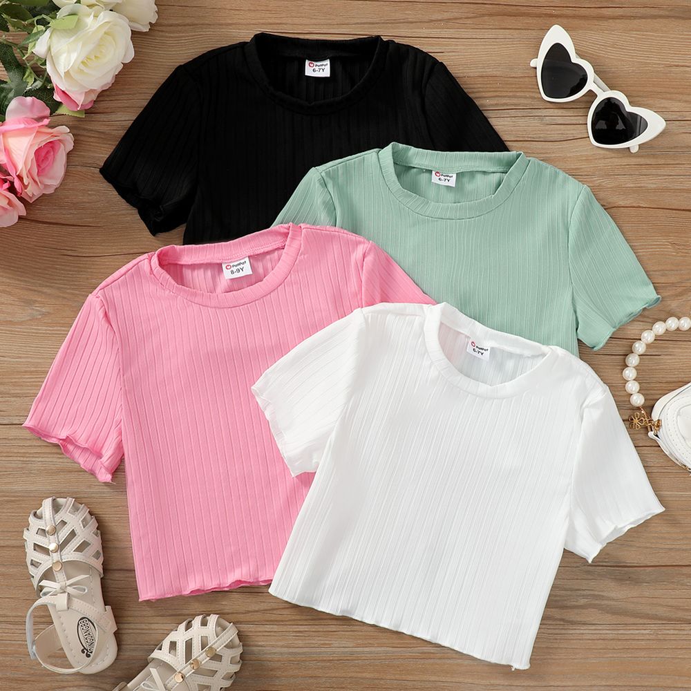 Kid Girl Solid Color Ribbed Lettuce Trim Short-sleeve Tee Black big image 2