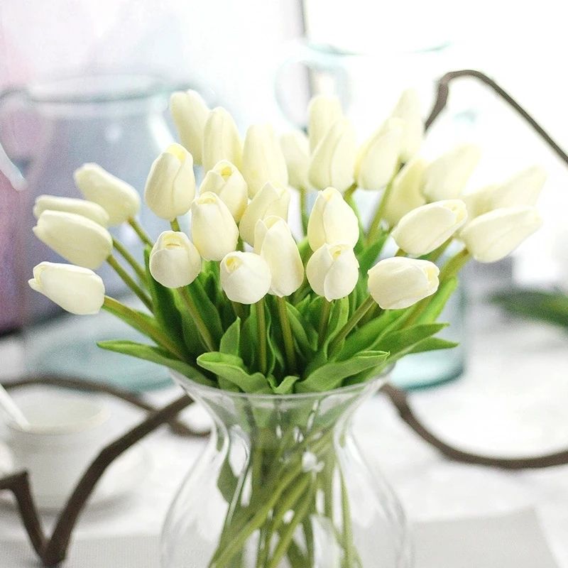 Paquete de 2/paquete de 5 tulipanes flores artificiales pu toque real tulipanes falsos flores para mesa oficina boda comedor decoración del hogar Blanco big image 2