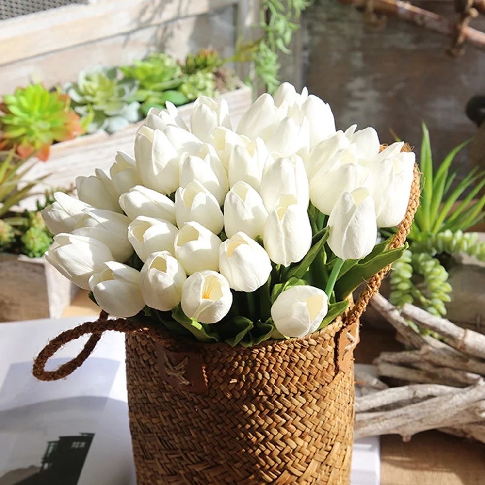 Paquete de 2/paquete de 5 tulipanes flores artificiales pu toque real tulipanes falsos flores para mesa oficina boda comedor decoración del hogar Blanco big image 3