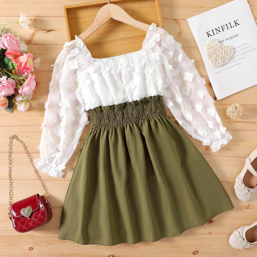 Kid Girl 3D Floral Design Smocked Splice Square Neck Mesh Long-sleeve Dress Army green big image 1