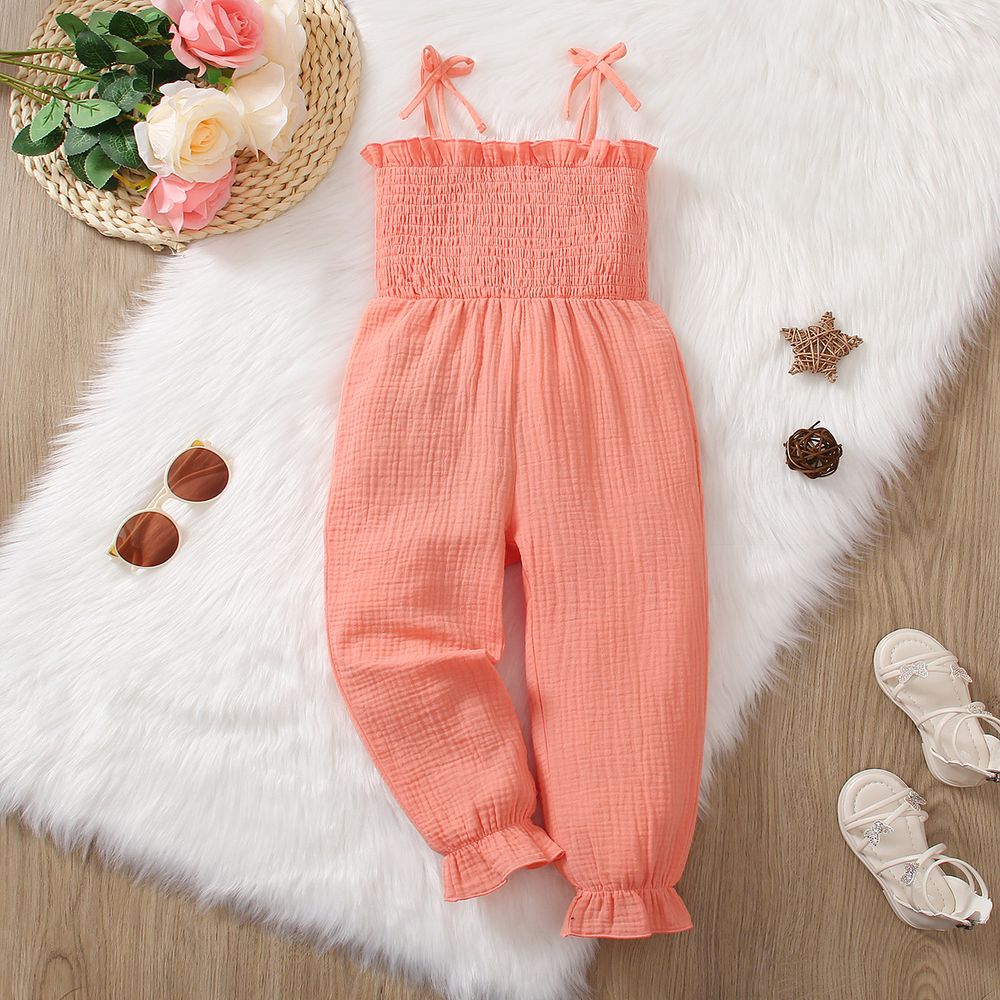 Toddler Girl Sweet 100% Cotton Smocked Crepe Slip Jumpsuits Light Pink big image 1