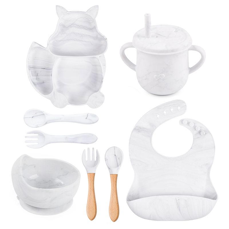 8Pcs Silicone Baby Feeding Tableware Set Includes Suction Bowl & Divided Plates & Adjustable Bib & Straw Sippy Cup with Lid & Forks & Spoons White big image 1