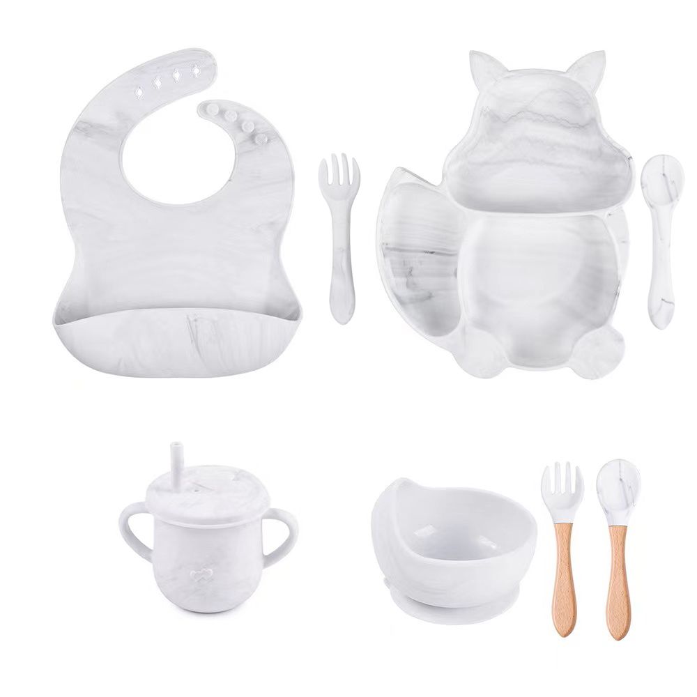 8Pcs Silicone Baby Feeding Tableware Set Includes Suction Bowl & Divided Plates & Adjustable Bib & Straw Sippy Cup with Lid & Forks & Spoons White big image 4