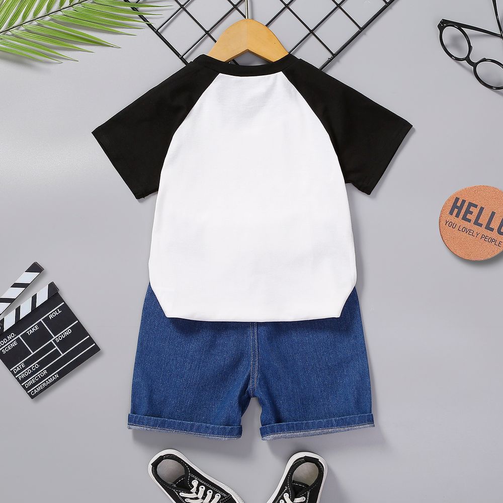 Easter 2pcs Toddler Boy Playful Ripped Denim Shorts and Letter Print Tee Set Color block big image 7