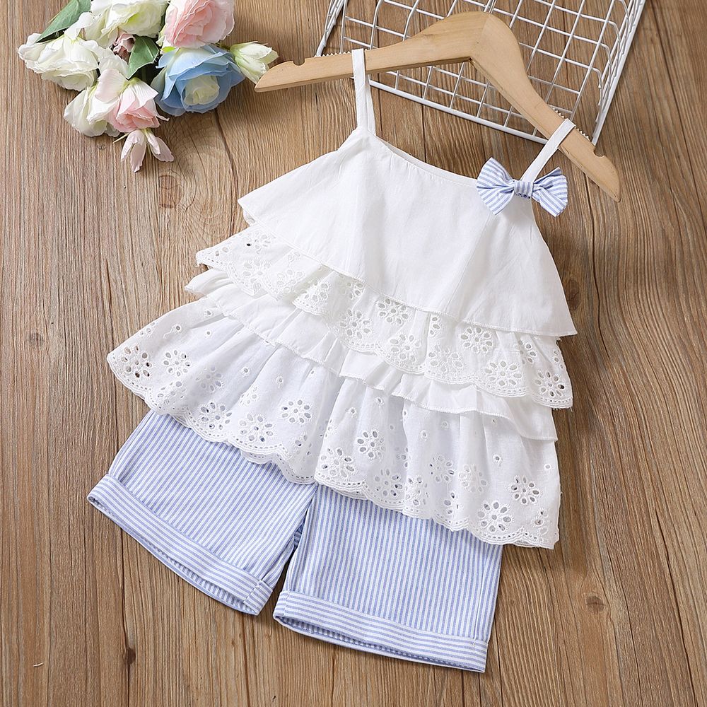 2pcs Toddler Girl Sweet 100% Cotton Bowknot Design Layered Camisole and Stripe Shorts Set White big image 1