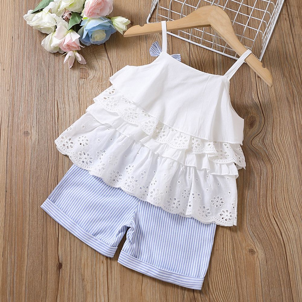 2pcs Toddler Girl Sweet 100% Cotton Bowknot Design Layered Camisole and Stripe Shorts Set White big image 6