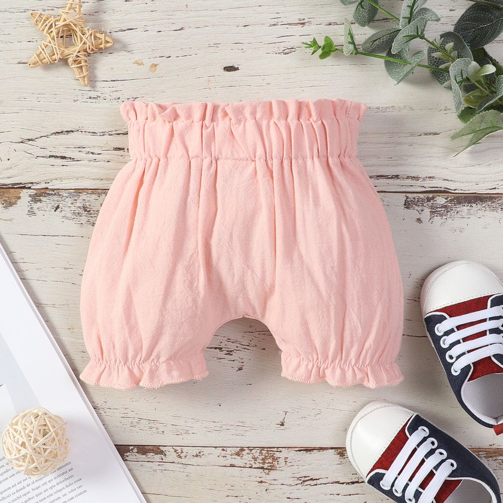 100% Cotton Baby Girl Solid Ruffle Elasticized Waist Bloomers Shorts Pink big image 3