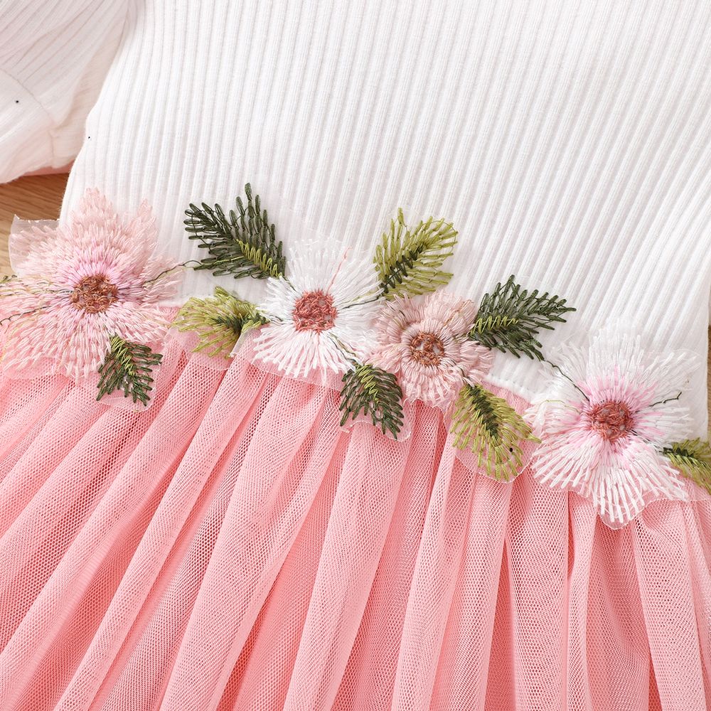 Toddler Girl Sweet Floral Design Mesh Splice Puff-sleeve Dress PinkyWhite big image 5
