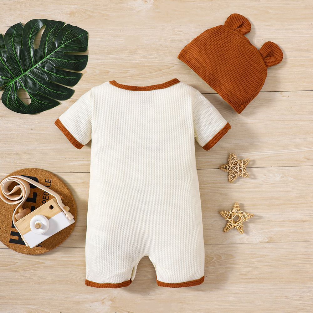 2pcs Baby Boy Letter Embroidered Waffled Textured Short-sleeve Jumpsuit & Hat Set Beige big image 2