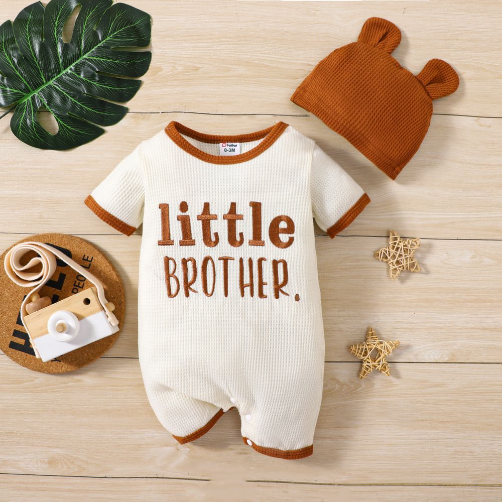 2pcs Baby Boy Letter Embroidered Waffled Textured Short-sleeve Jumpsuit & Hat Set Beige big image 1