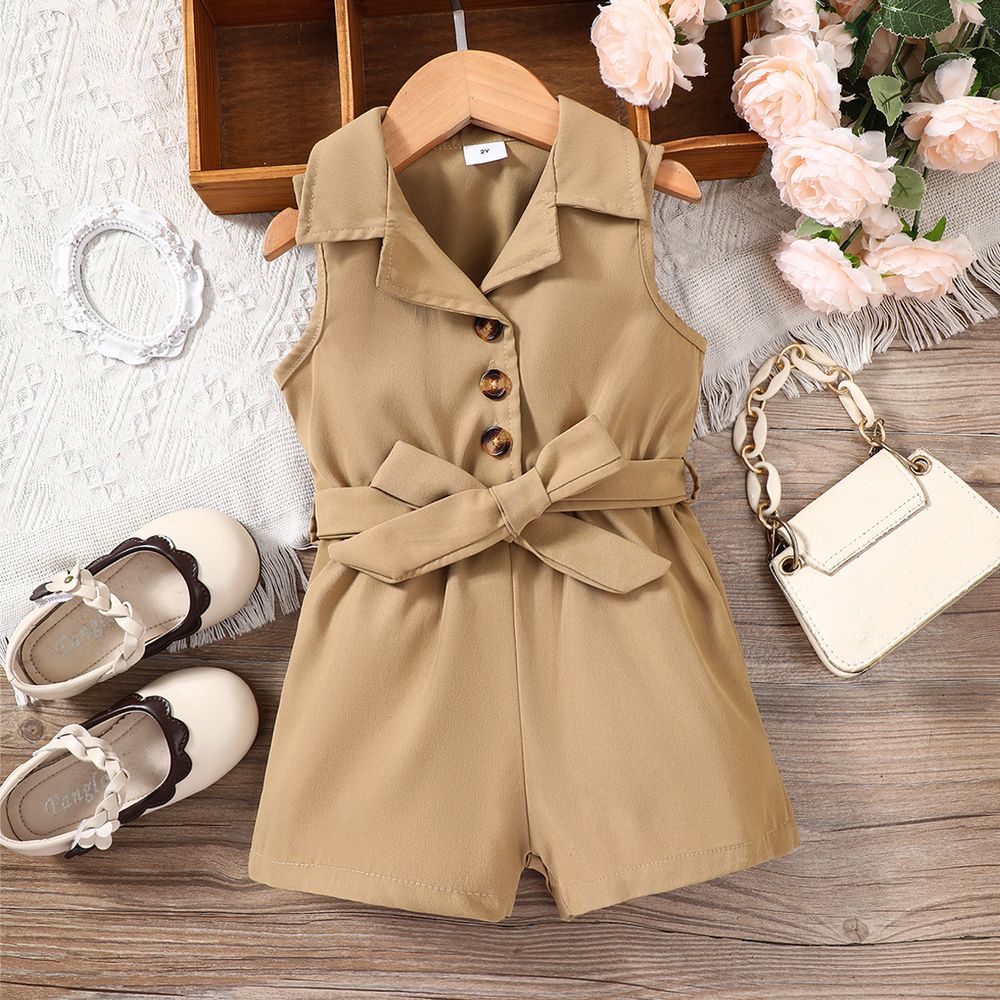 Toddler Girl Preppy style Solid Belted Shirt Romper Khaki big image 1