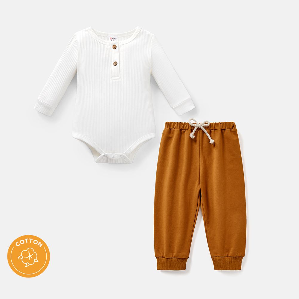 Baby Girl/Boy Cotton Button Design Ribbed Long-sleeve Rompers/ Elasticized Pants White big image 6
