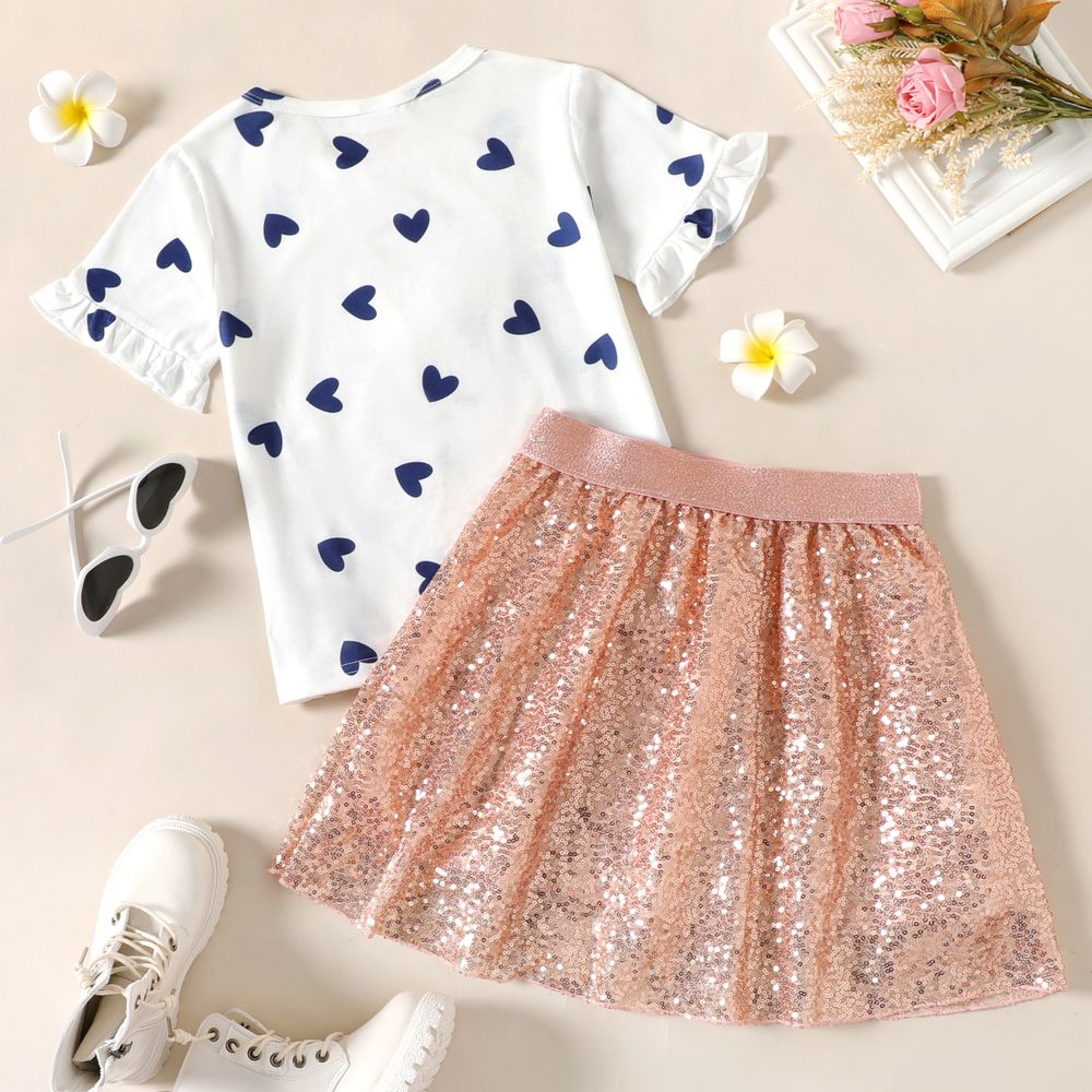2-piece Kid Girl Unicorn Letter Print/Sequin Rabbit Pattern Heart Print Short-sleeve Tee and Sequined Skirt Set White big image 3