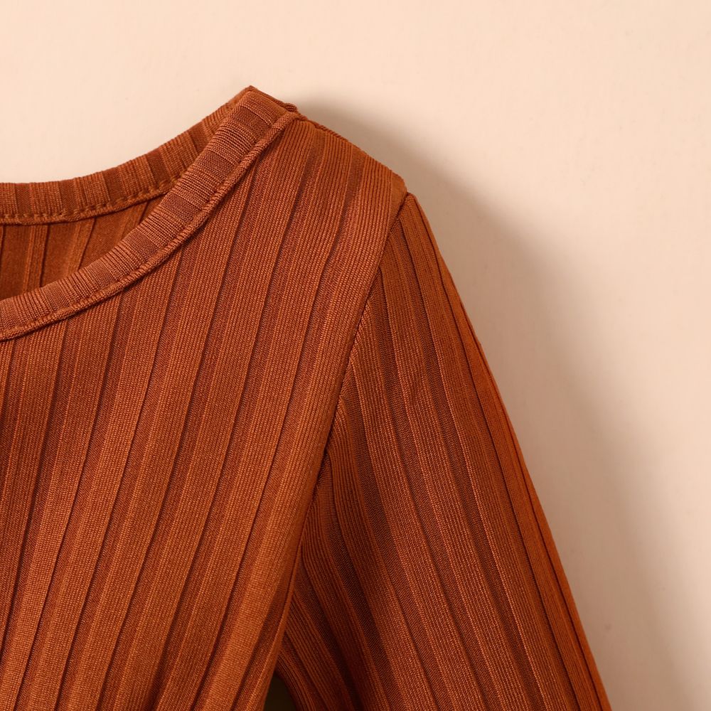 Baby Girl Ribbed Brown/White/Striped Long-sleeve Dress Brown big image 3