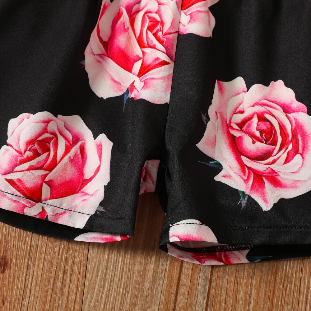 Toddler Girl Floral Print Splice Button Design Back Crisscross Belted Cami Romper Pink big image 3