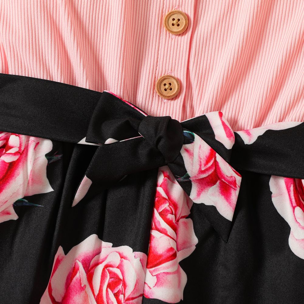 Toddler Girl Floral Print Splice Button Design Back Crisscross Belted Cami Romper Pink big image 5