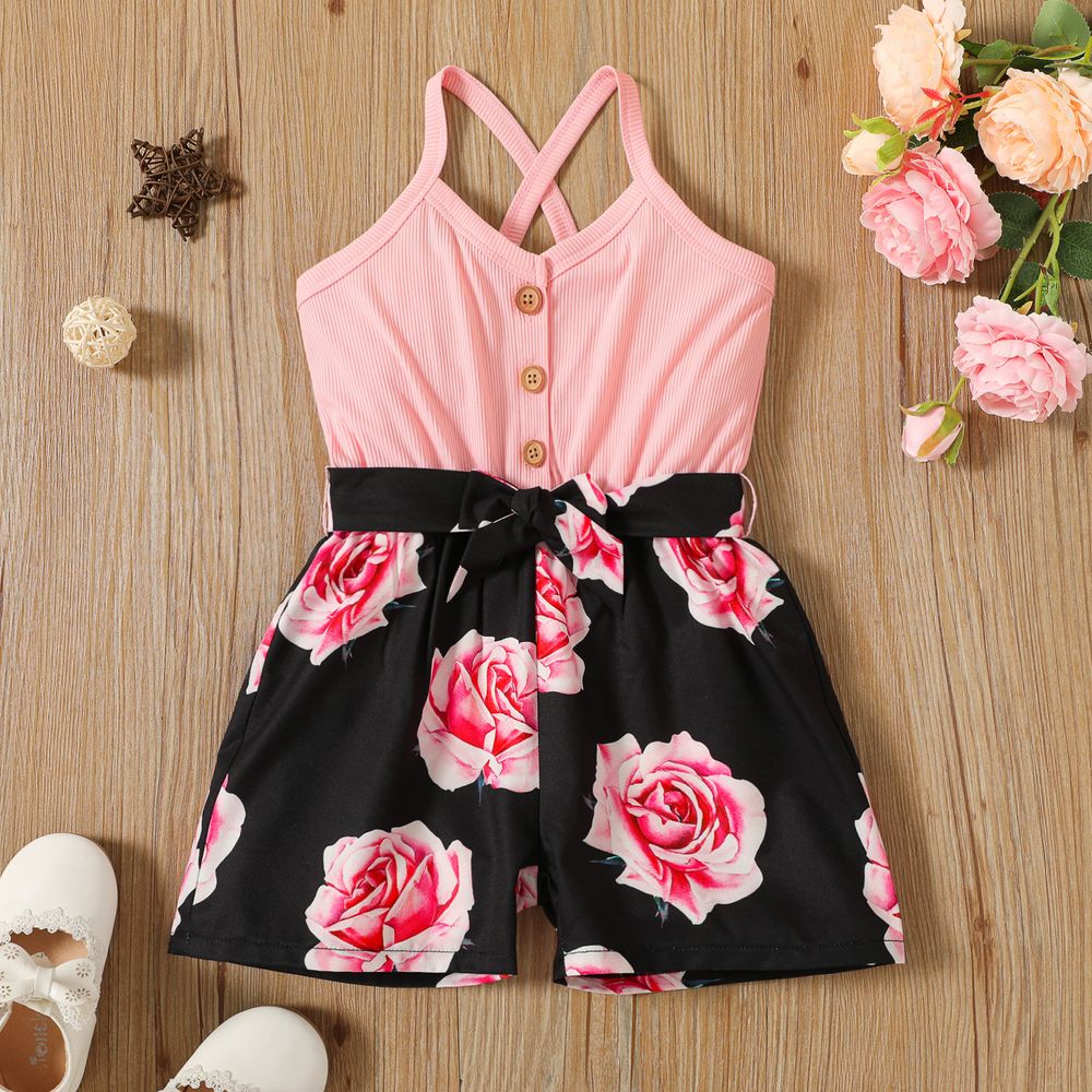 Toddler Girl Floral Print Splice Button Design Back Crisscross Belted Cami Romper Pink big image 1