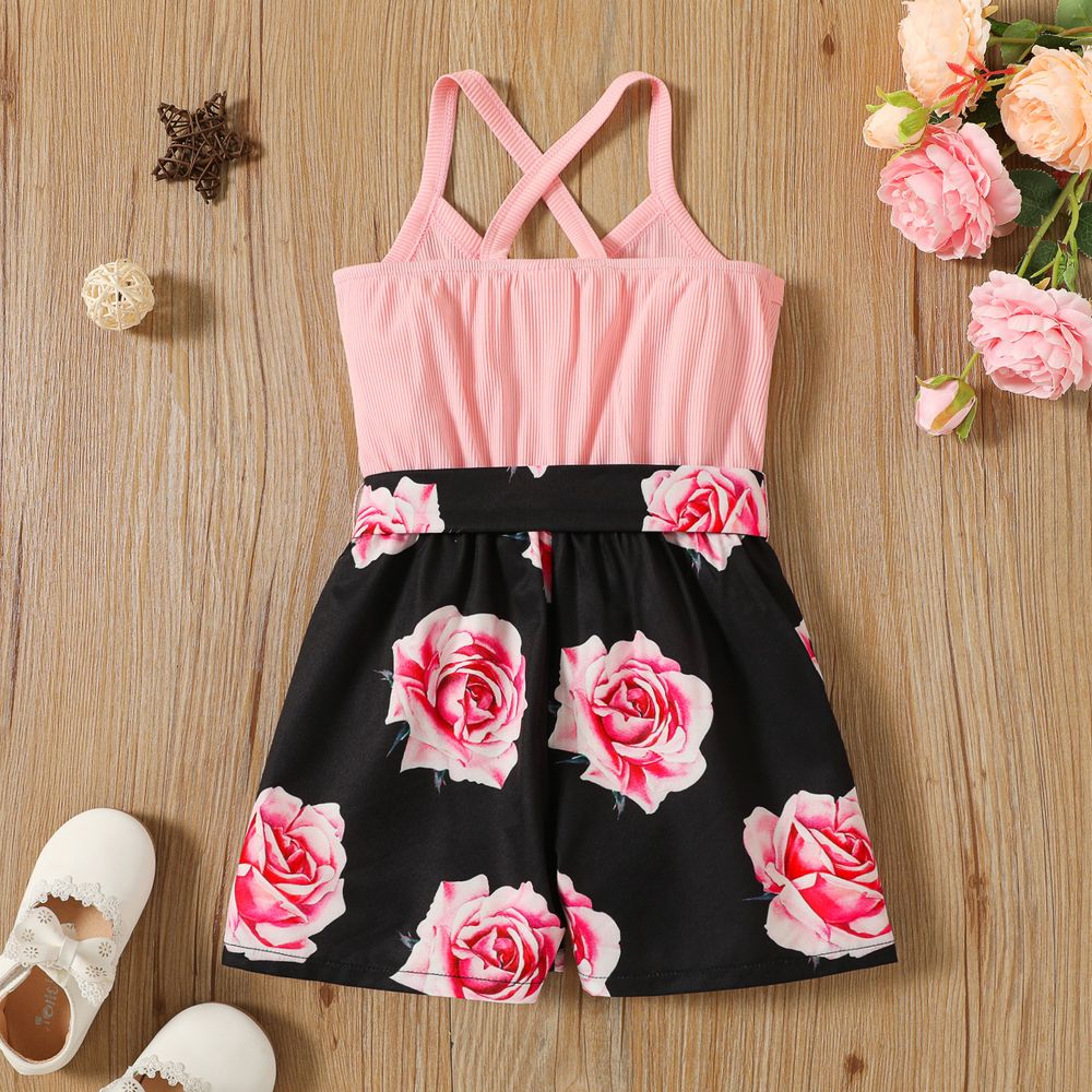 Toddler Girl Floral Print Splice Button Design Back Crisscross Belted Cami Romper Pink big image 2